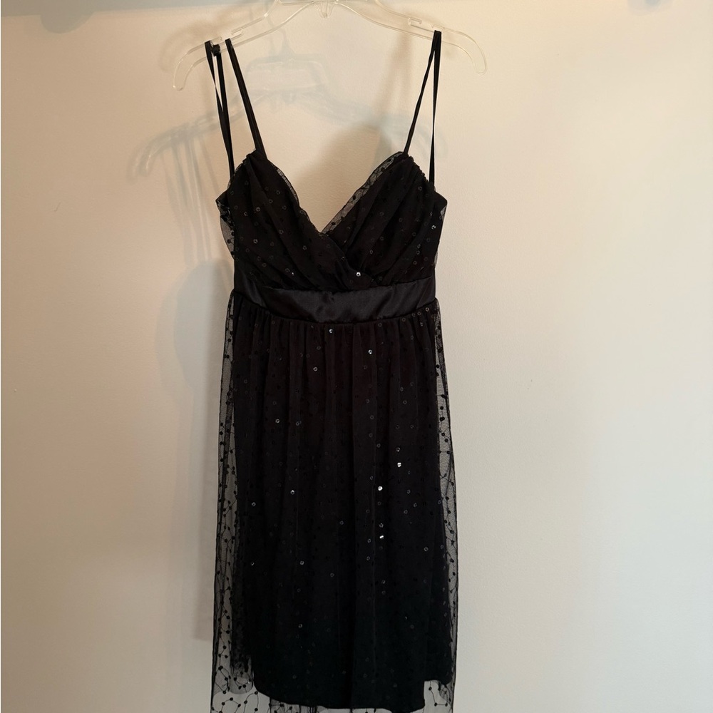 Vintage Byerwear too Classic Black Dress, size 5, spaghetti strap, sequin layer